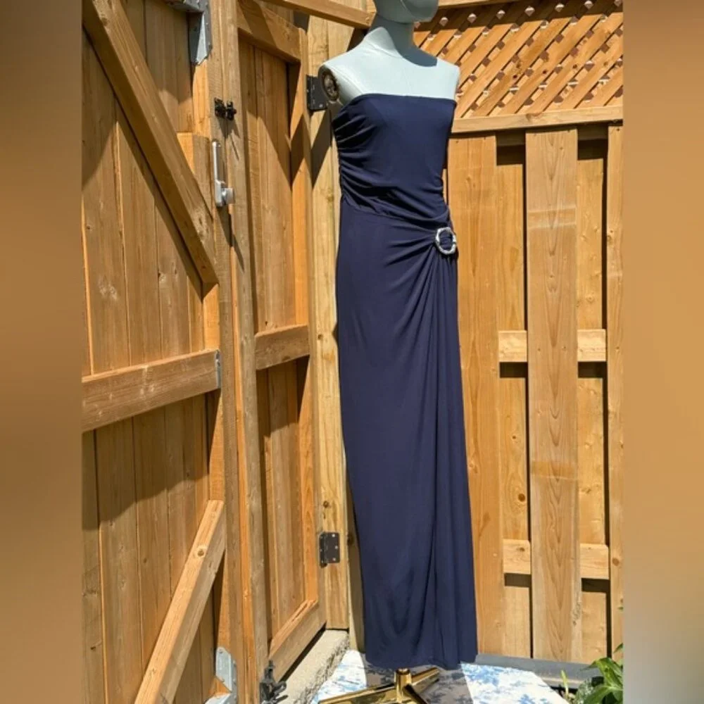 🆕 SIMKHAI 🧿 NWOT Emma Draped Jersey Bustier Midi Dress, Midnight Blue Sz US 12 - Picture 5 of 13